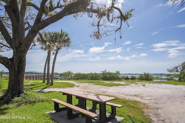 view of community featuring a water view and a lawn