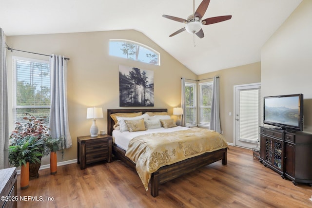 bedroom featuring ceiling fan, access to outside, light wood-type flooring, and baseboards