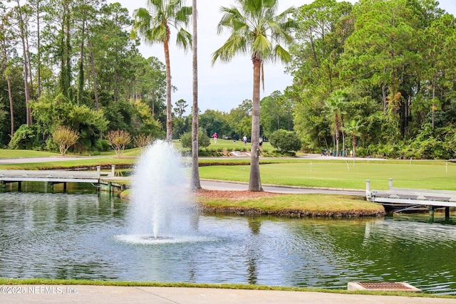 view of community with a water view