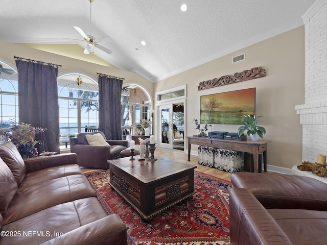 living room featuring visible vents, lofted ceiling, wood finished floors, a textured ceiling, and a ceiling fan