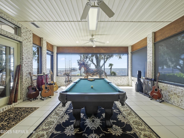 rec room featuring tile patterned floors, visible vents, pool table, and a ceiling fan