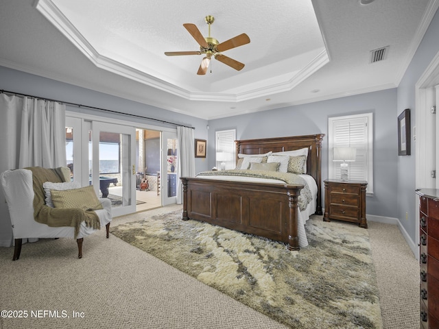 carpeted bedroom with visible vents, a raised ceiling, multiple windows, and access to exterior