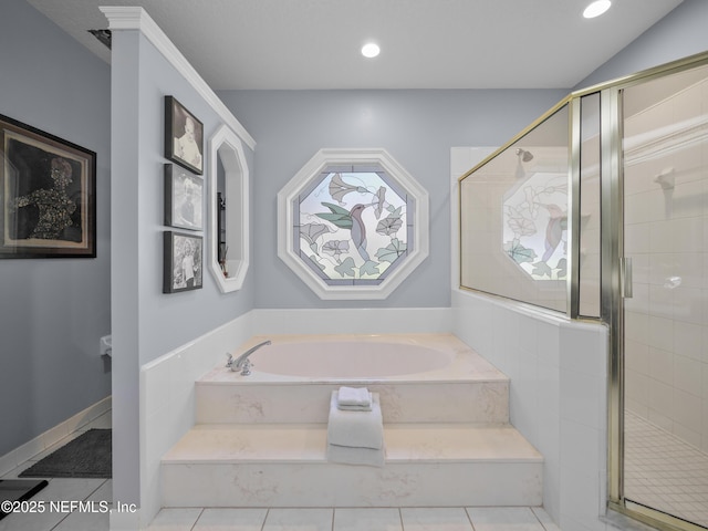 full bathroom with recessed lighting, a bath, a shower stall, and tile patterned flooring