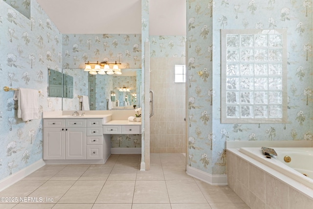 full bathroom with baseboards, tile patterned floors, vanity, and wallpapered walls