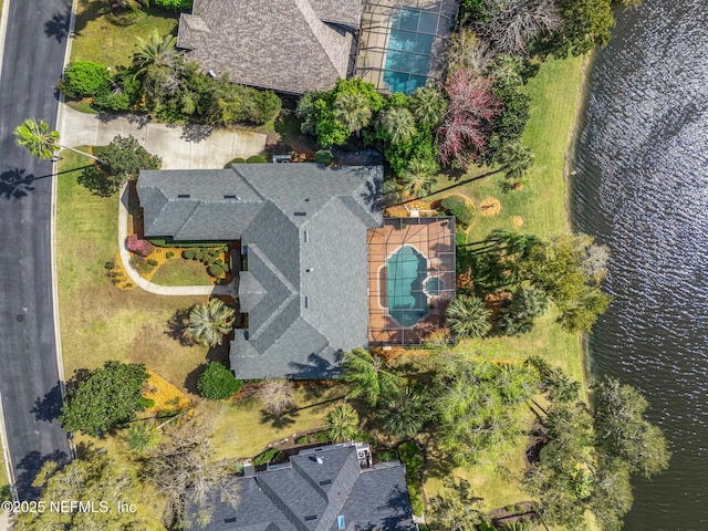 drone / aerial view featuring a water view