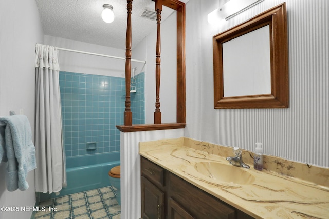 full bath featuring a textured ceiling, toilet, visible vents, vanity, and shower / bathtub combination with curtain