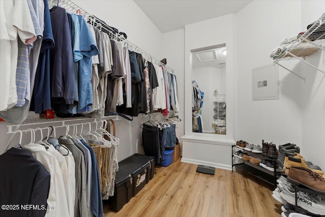 walk in closet featuring attic access and wood finished floors