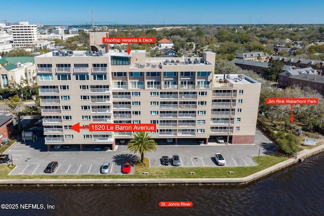 aerial view featuring a water view