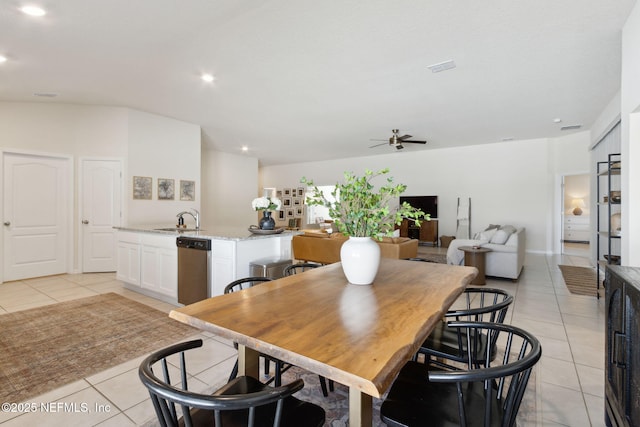 dining space with light tile patterned floors, ceiling fan, and recessed lighting