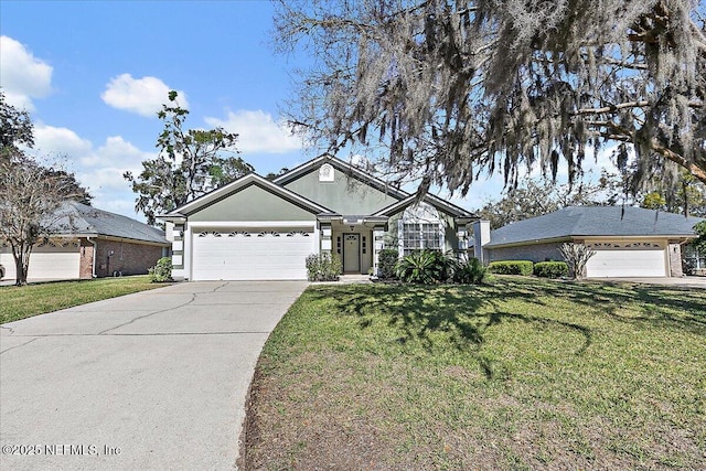 ranch-style house with a garage, driveway, and a front lawn