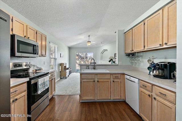 kitchen featuring stainless steel appliances, a peninsula, a sink, light countertops, and dark wood finished floors