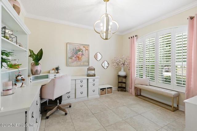 office area with a notable chandelier, crown molding, light tile patterned floors, a textured ceiling, and baseboards