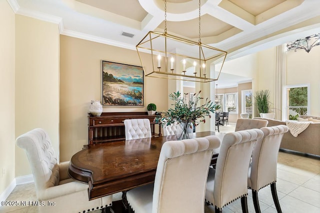 dining space with light tile patterned floors, visible vents, coffered ceiling, ornamental molding, and an inviting chandelier