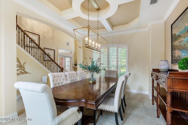 tiled dining area featuring a notable chandelier, coffered ceiling, visible vents, baseboards, and stairway