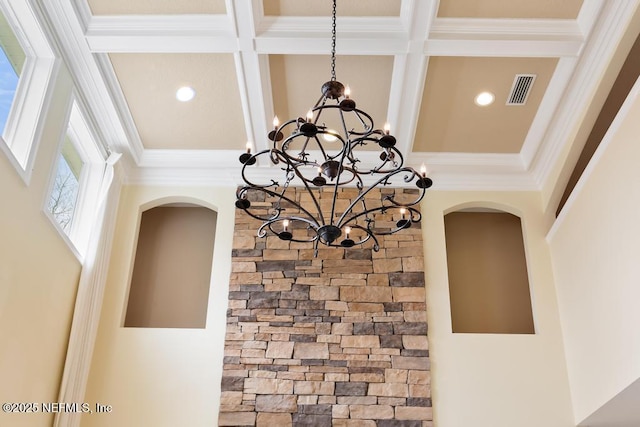 room details featuring ornamental molding, visible vents, and recessed lighting