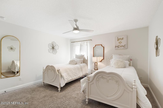 bedroom featuring carpet floors, ceiling fan, a textured ceiling, and baseboards