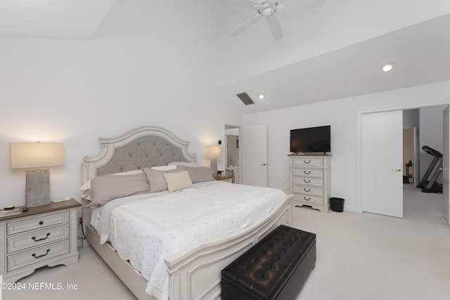 bedroom with light carpet, visible vents, a ceiling fan, lofted ceiling, and recessed lighting