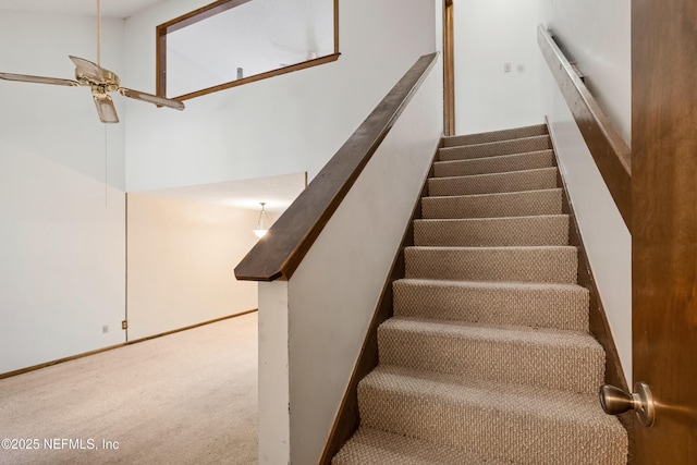 staircase featuring baseboards, a ceiling fan, and carpet flooring