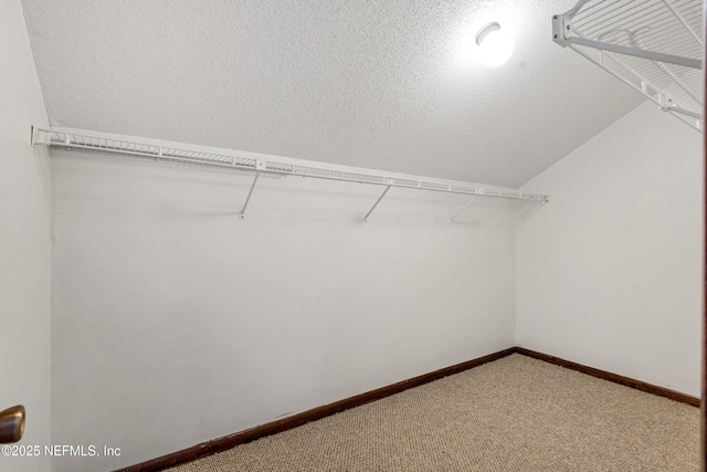 walk in closet featuring carpet floors and vaulted ceiling