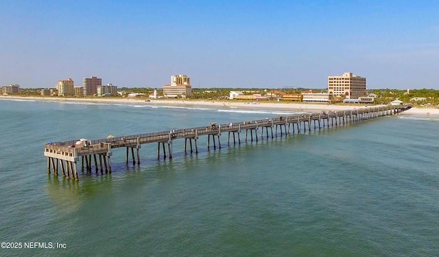 view of water feature featuring a pier and a city view