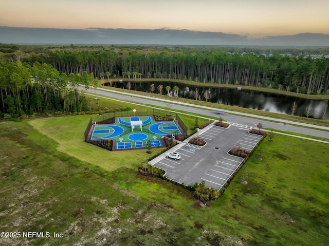 aerial view at dusk with a wooded view and a water view