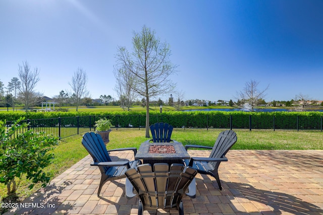 view of patio / terrace with a fire pit and fence