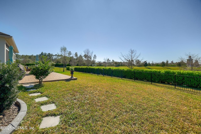 view of yard featuring a patio area, a rural view, and a fenced backyard