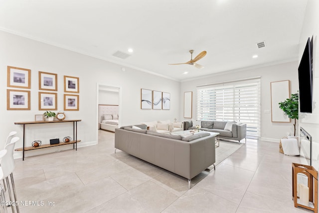 living room featuring recessed lighting, visible vents, ornamental molding, and a ceiling fan