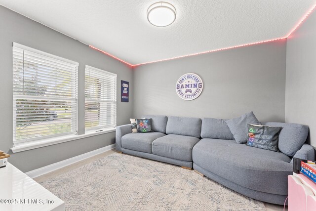 living area with baseboards and a textured ceiling