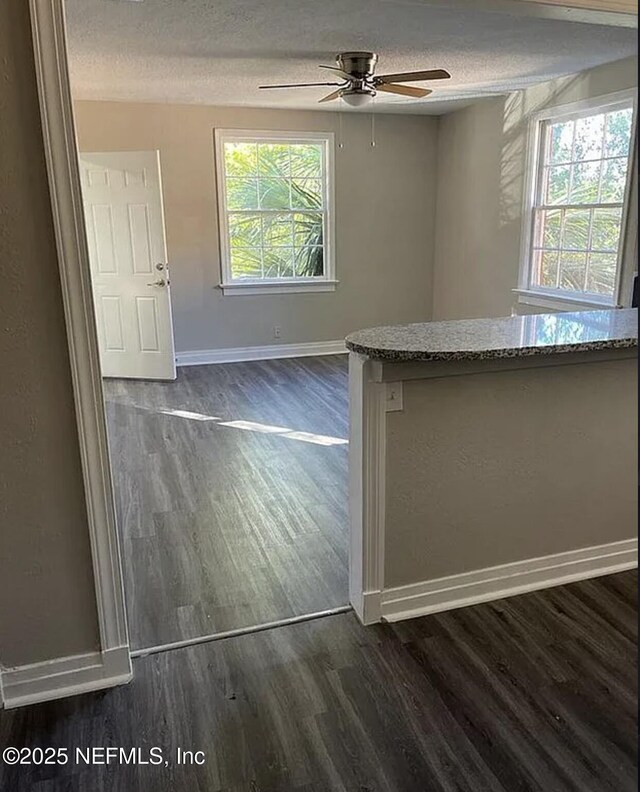 empty room featuring a textured ceiling, dark wood-style flooring, plenty of natural light, and baseboards