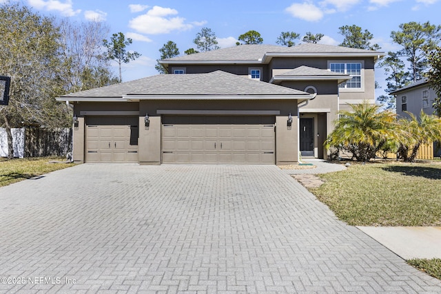 prairie-style house featuring decorative driveway, a garage, a front yard, and stucco siding