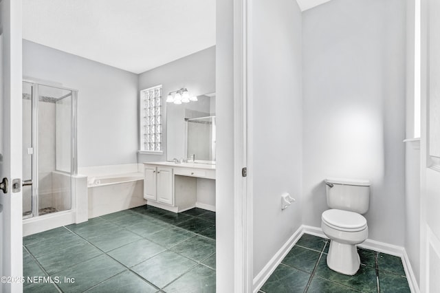 full bath featuring vanity, tile patterned flooring, a shower stall, and toilet