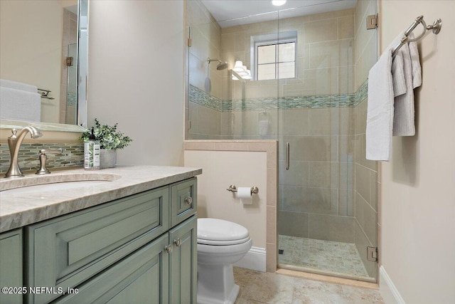 full bathroom with a stall shower, toilet, and vanity