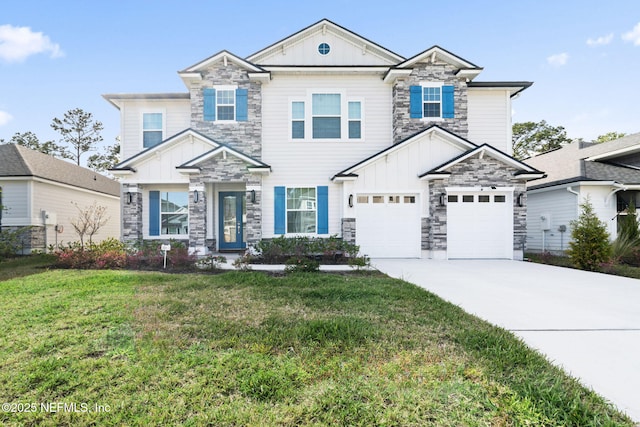 view of front of property featuring stone siding, a front yard, board and batten siding, and concrete driveway