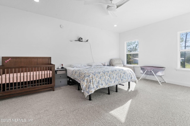 bedroom with carpet floors, recessed lighting, ceiling fan, and baseboards