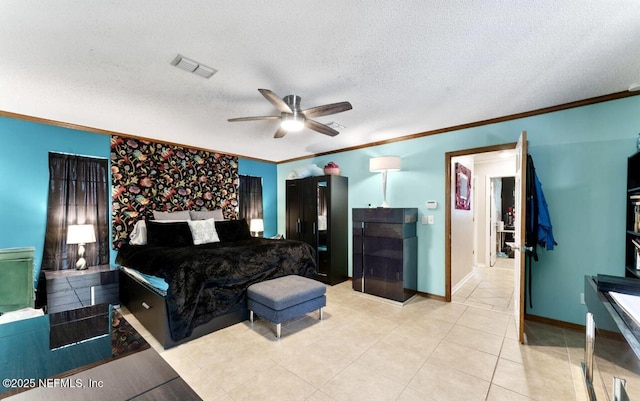 bedroom featuring light tile patterned floors, baseboards, visible vents, a textured ceiling, and crown molding