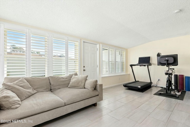 workout room featuring lofted ceiling, a textured ceiling, and baseboards