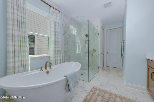 bathroom with visible vents, vanity, baseboards, marble finish floor, and a marble finish shower