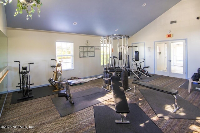 110 Ocean Hollow Ln Unit 116, Saint Augustine, FL 32084 - gym with high vaulted ceiling, visible vents, baseboards, french doors, and carpet