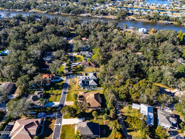 aerial view featuring a water view and a residential view