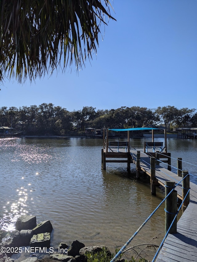 view of dock featuring a water view and boat lift