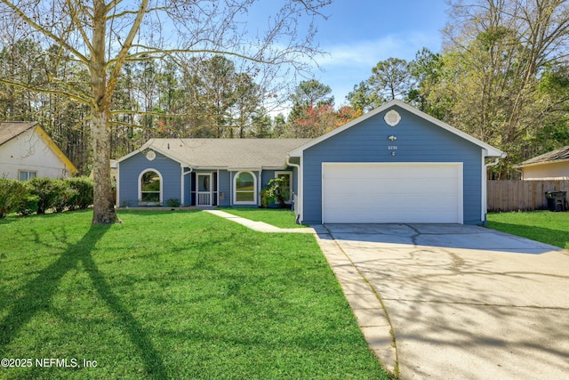 ranch-style home with an attached garage, driveway, a front lawn, and fence