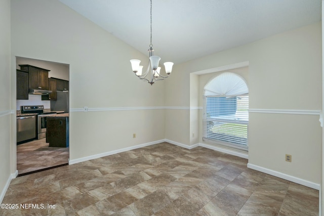 unfurnished dining area featuring a chandelier, high vaulted ceiling, and baseboards