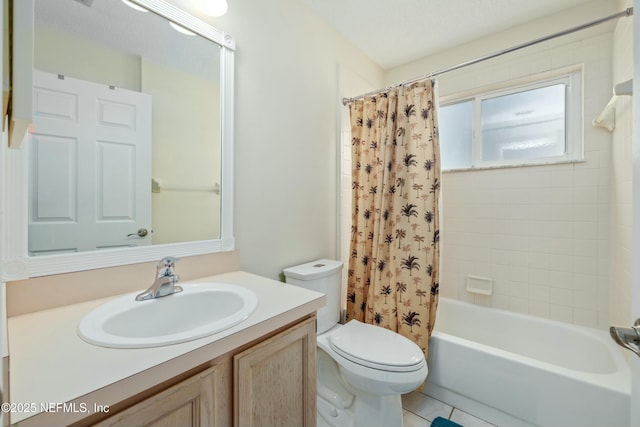 full bath featuring toilet, shower / tub combo, tile patterned floors, and vanity