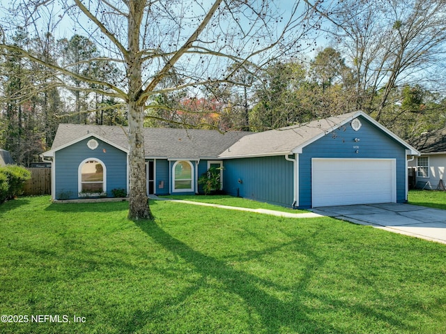 ranch-style house with a garage, a shingled roof, concrete driveway, fence, and a front yard