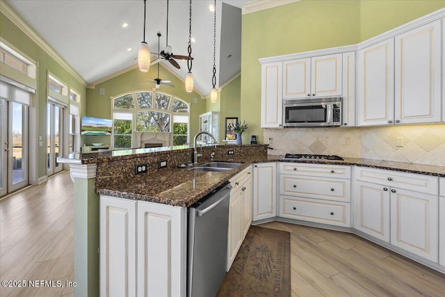 kitchen featuring a sink, a peninsula, appliances with stainless steel finishes, decorative backsplash, and ceiling fan