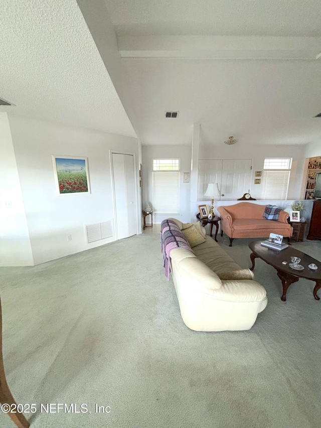 living area with carpet floors, beam ceiling, plenty of natural light, and visible vents