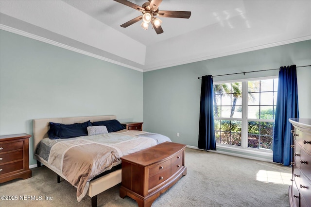 bedroom with ceiling fan, baseboards, carpet floors, and ornamental molding