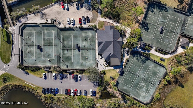 bird's eye view with a water view