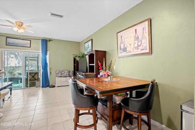 dining room with visible vents, ceiling fan, baseboards, and light tile patterned floors